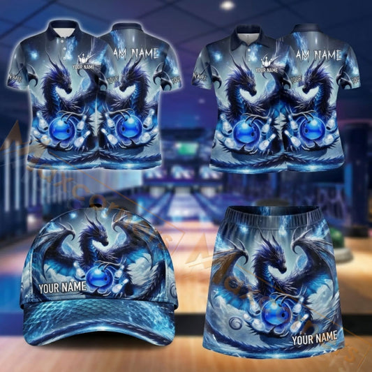 Maxcorners Bowling Blue Ice Dragon Design Personalized Team Sportswear Set - Polo Shirt, Cap & Skorts
