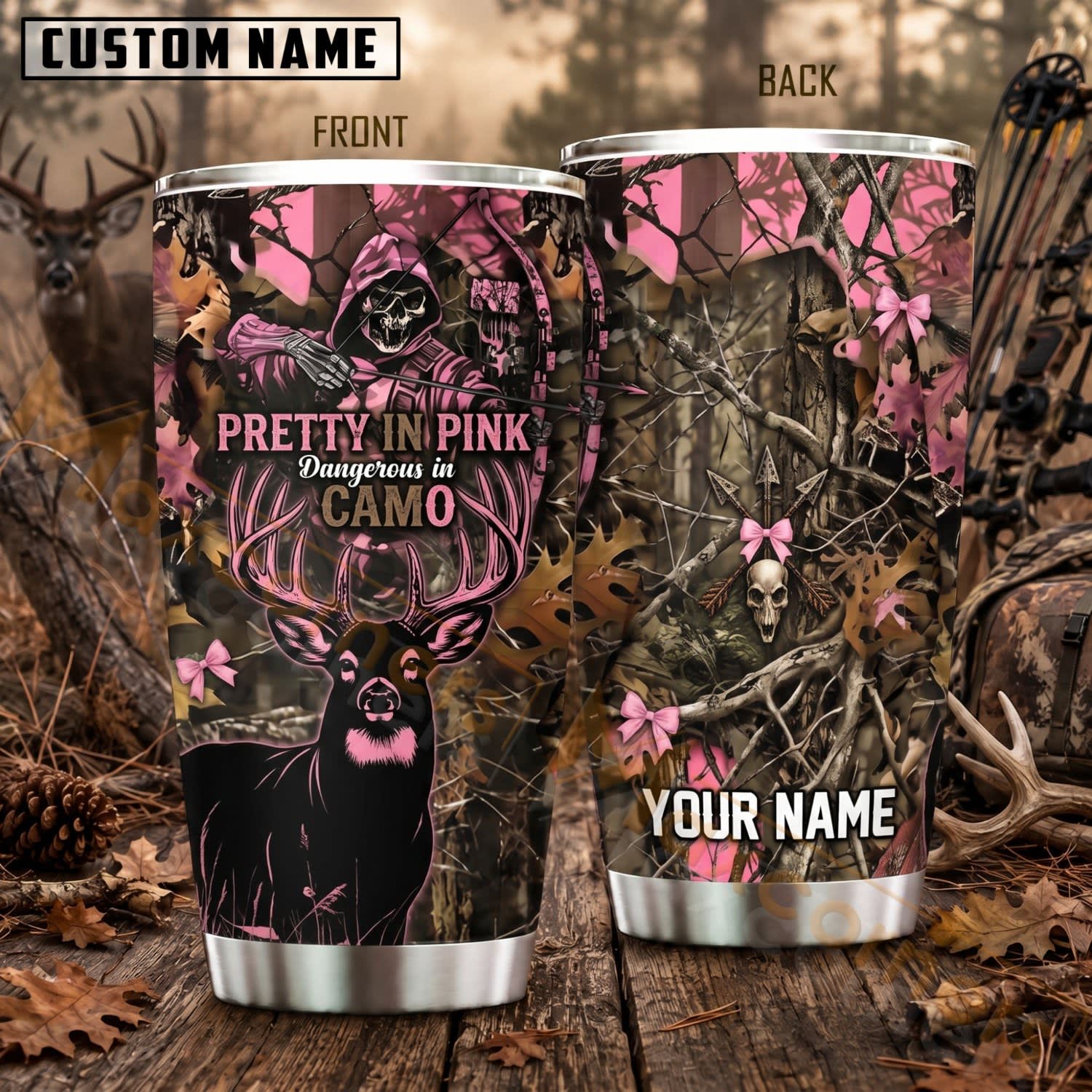 Maxcorners Hunting Pretty In Pink Woodland Camo Personalized Name 3D Tumbler
