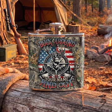 Maxcorners Hunting Buck Around And Find Out Patriotic Deer Design Personalized Name 3D Hip Flask