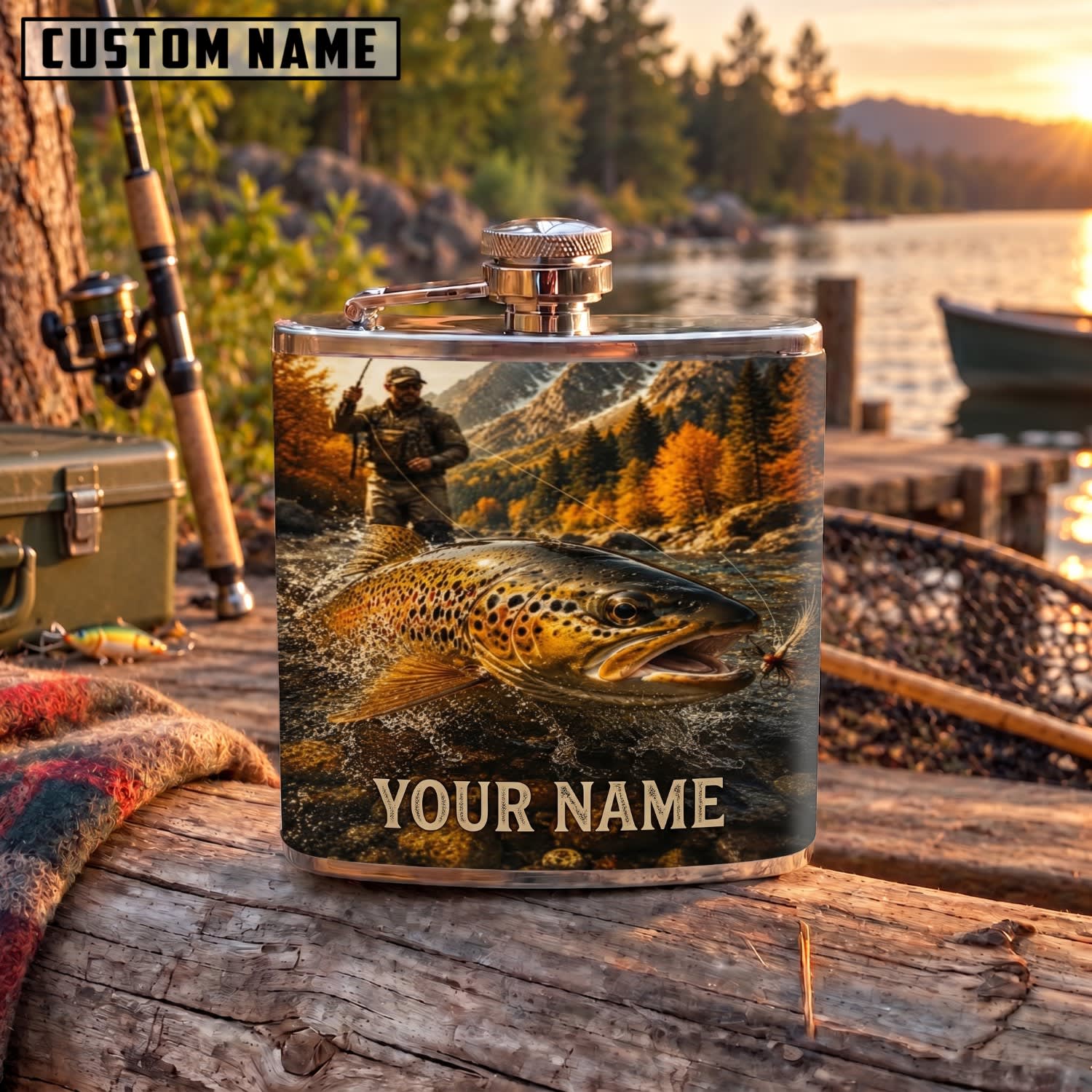 Maxcorners Fishing Trout Autumn River Landscape Personalized Name 3D Hip Flask