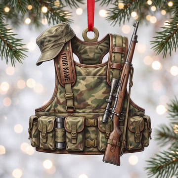 Maxcorners Hunting Woodland Camo Vest Cap And Rifle Personalized Name 3D Keychain And Ornament