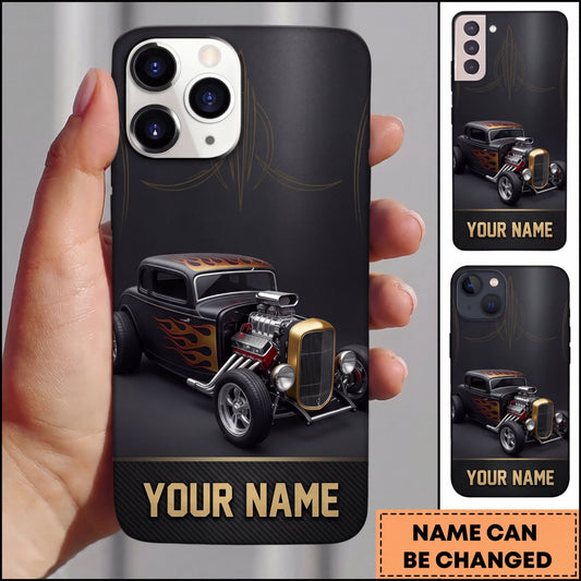 Maxcorners Classic Hot Rod Black Vintage Car with Orange Flame Personalized Name 3D Phone Case