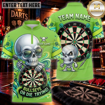 Maxcorners Darts Neon Green Skull Bullseye Or Die Trying Personalized Name 3D Unisex Shirt