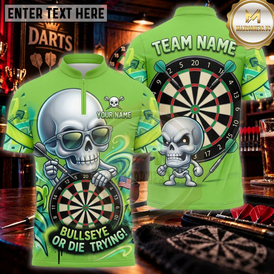 Maxcorners Darts Neon Green Skull Bullseye Or Die Trying Personalized Name 3D Unisex Shirt