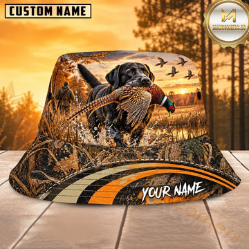 Maxcorners Duck Hunting Dog Orange Woodland Stripe Personalized Name 3D Bucket Hat