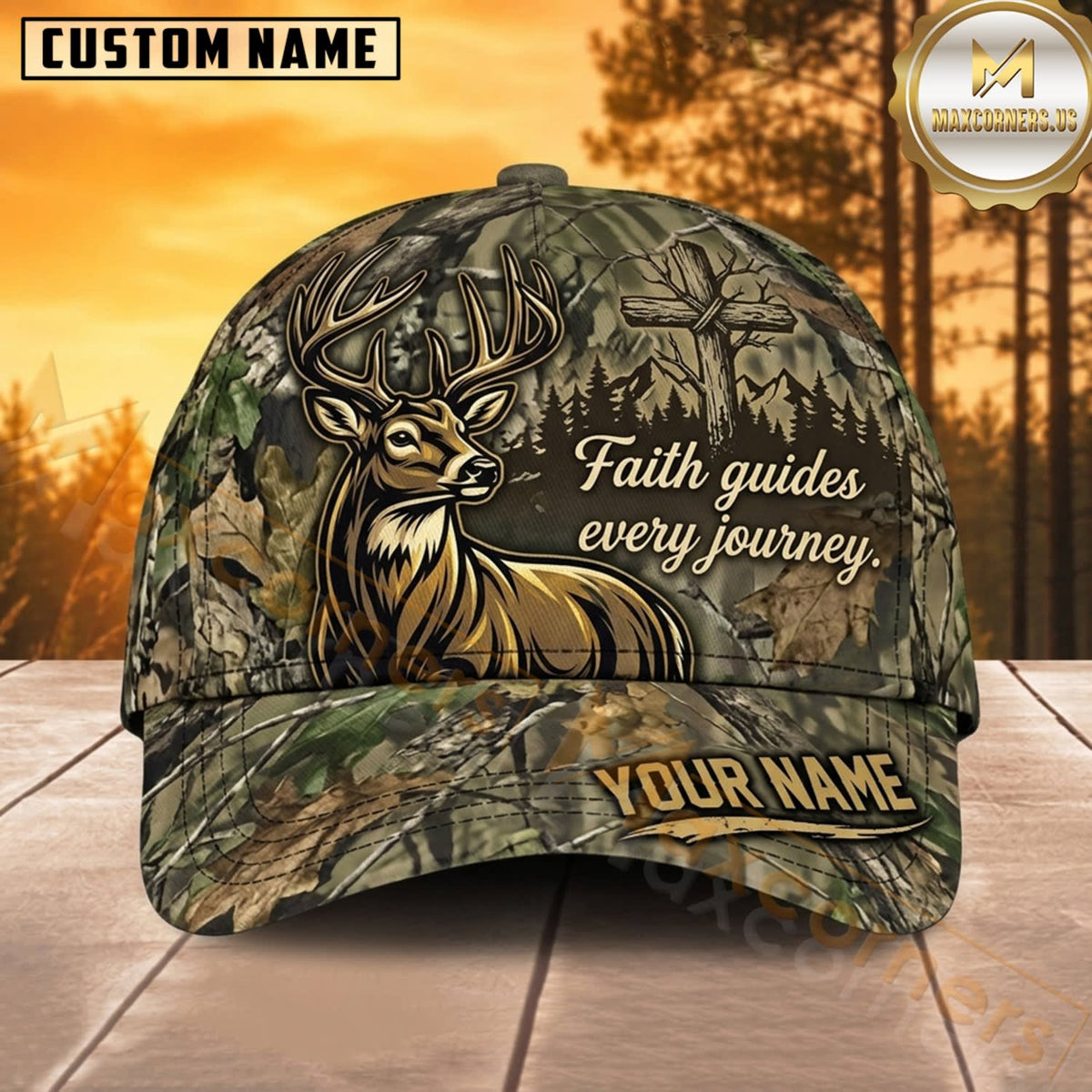 Maxcorners Deer Hunting Whitetail Buck Faith Guides Every Journey Woodland Camo Customized Name 3D Cap