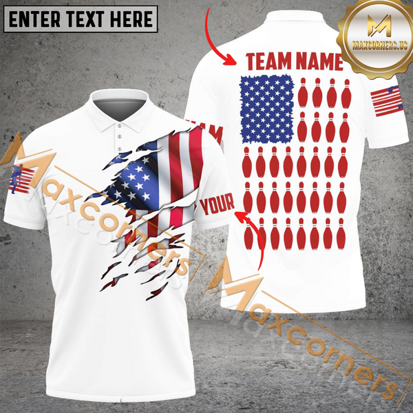 Maxcorners Patriotic US Flag Bowling Jersey Customized Name, Team Name 3D Polo Shirt