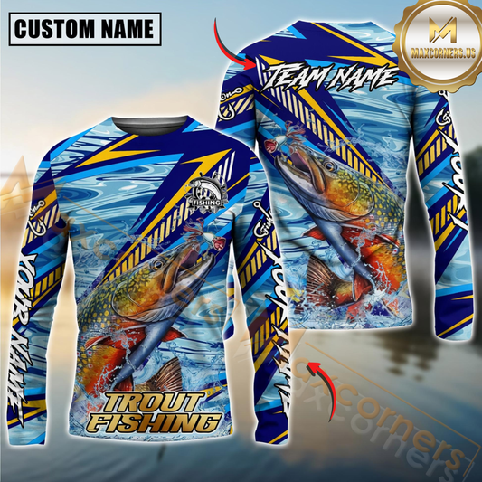 Maxcorners Trout Fishing Yellow Blue Lightning Pattern Design Custom Name & Team Name 3D Shirts