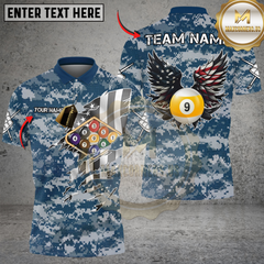 Maxcorners Billiards 9-Ball Camo American Wings Personalized Name Shirt (4 Colors)