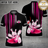Maxcorners Bowling Ball And Pins Black And Pink Light  Customized Name, Team Name 3D Polo Shirt Unisex