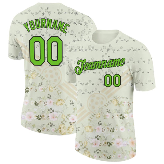 Maxcorners Pickleball Paddle Ball Lime Green Floral Watercolor Pattern Personalized Name 3D Unisex Shirt