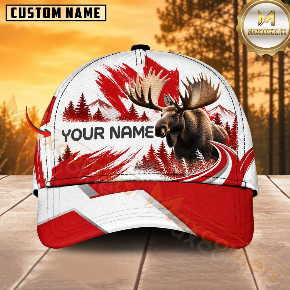 Maxcorners Hunting Wildlife Canadian Maple Leaf Red White Forest Personalized Name 3D Cap