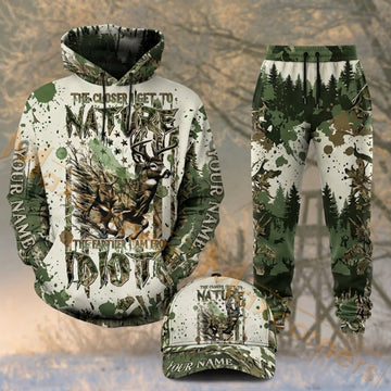 Maxcorners Hunting Nature Deer Forest Green White Camo Personalized 3D Combo Hoodie, Sweatpants Set & Cap
