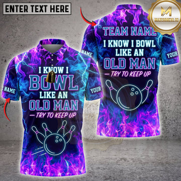 Maxcorners Bowling Purple Neon I Know I Bowl Like An Old Man Personalized Name 3D Unisex Shirt