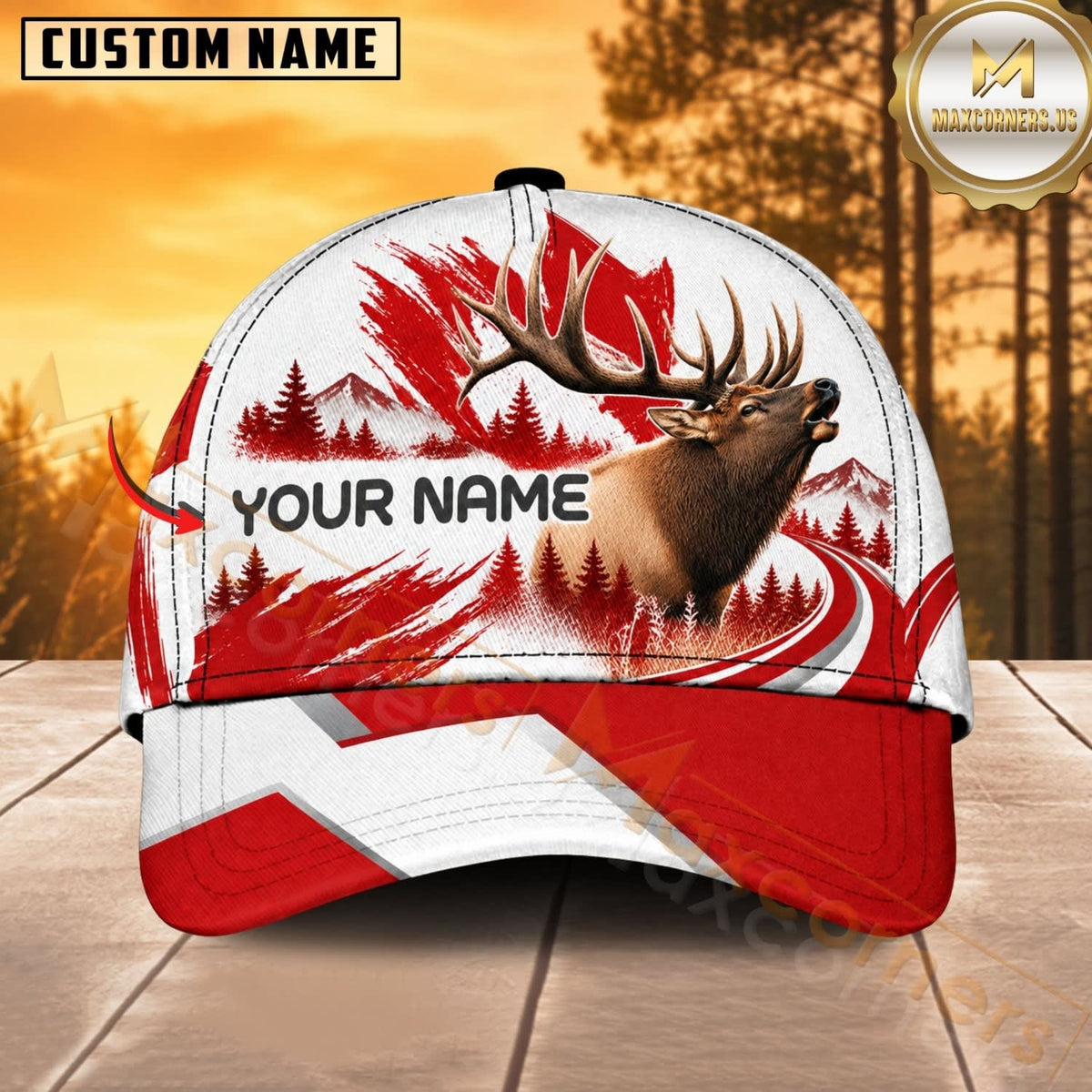 Maxcorners Hunting Wildlife Canadian Maple Leaf Red White Forest Personalized Name 3D Cap