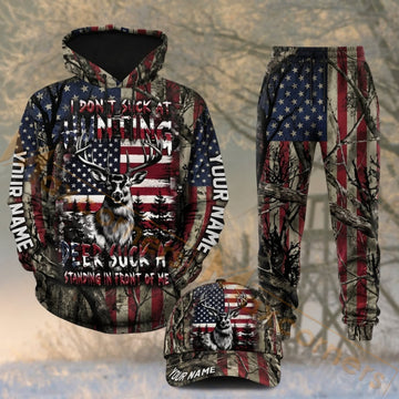 Maxcorners Hunting Patriotic Deer American Flag Black Camo Personalized 3D Combo Hoodie, Sweatpants Set & Cap
