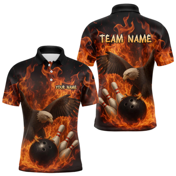 Maxcorners Flame Eagle Bowling Polo, Quarter Zip Shirts For Men Custom Eagle Bowling Team Jerseys LM1805
