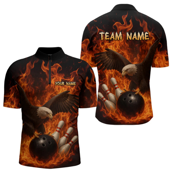 Maxcorners Flame Eagle Bowling Polo, Quarter Zip Shirts For Men Custom Eagle Bowling Team Jerseys LM1805