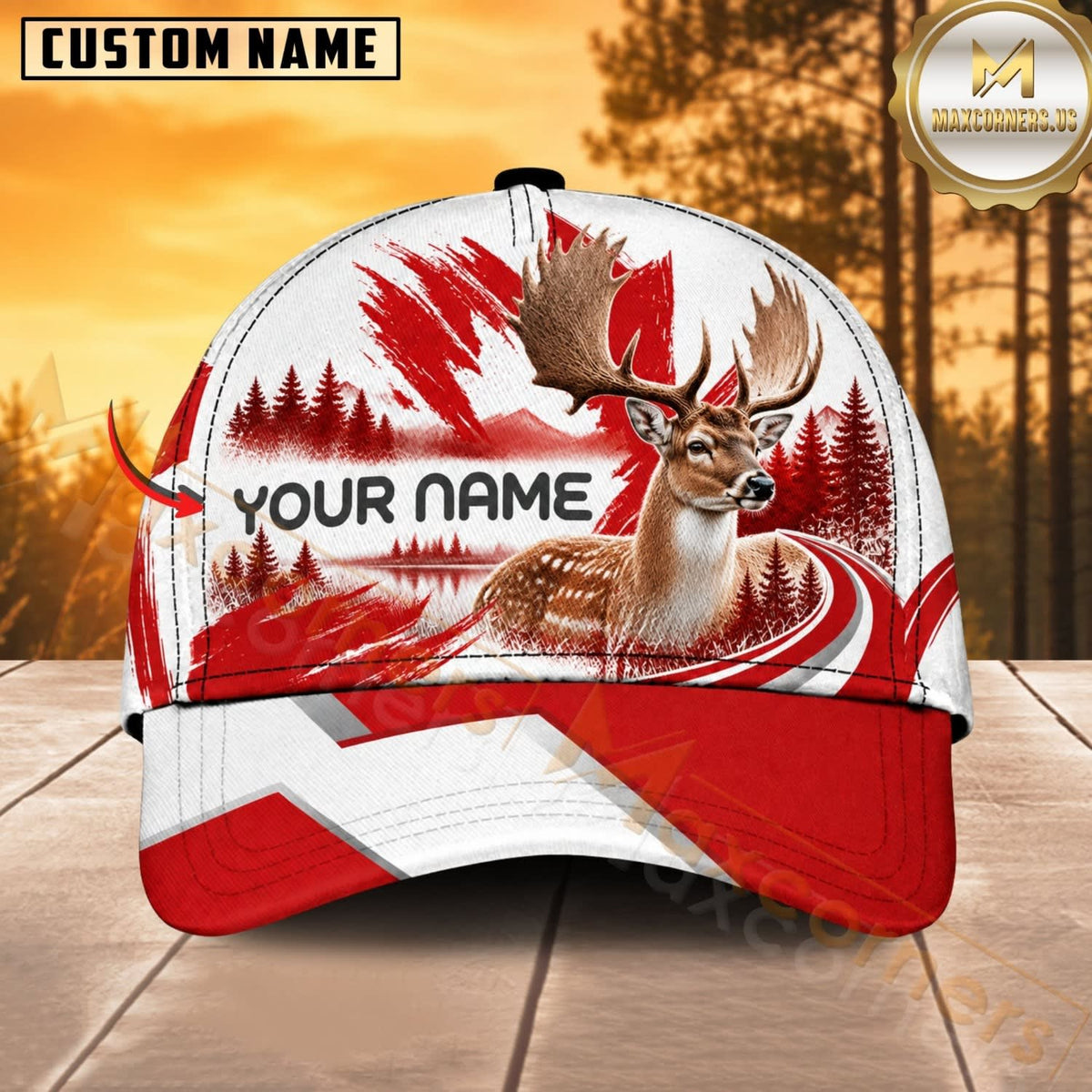 Maxcorners Hunting Wildlife Canadian Maple Leaf Red White Forest Personalized Name 3D Cap