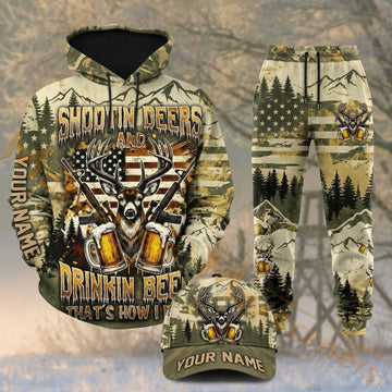 Maxcorners Hunting Shootin Deers Drinkin Beers Patriotic Buck Camo Personalized 3D Combo Hoodie, Sweatpants Set & Cap