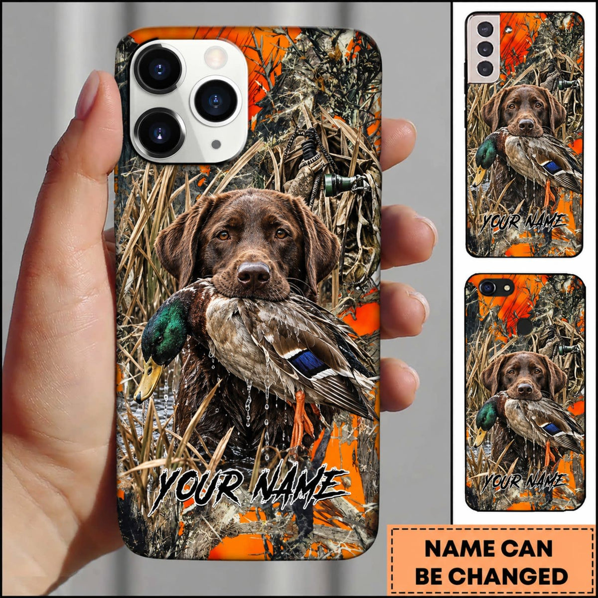 Maxcorners Duck Hunting German Shorthaired Pointer Orange Camo Duck Retrieval Personalized Name 3D Phone Case - Chocolate Labrador Retriever