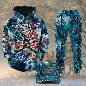 Maxcorners Hunting Patriotic Deer American Flag Blue Forest Camo Personalized 3D Combo Hoodie, Sweatpants Set & Cap
