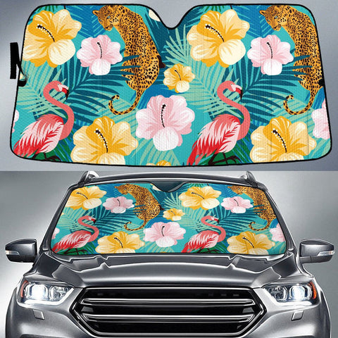 Maxcorners Flamingo And Jaguar Couple Over Colorful Hawaiian Hibiscus Flowers Car Sun Shades Cover Auto Windshield