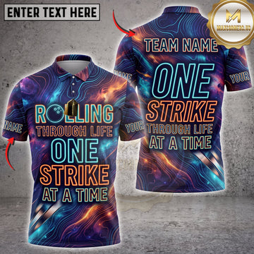 Maxcorners Bowling Blue Neon One Strike At A Time Personalized Name 3D Unisex Shirt