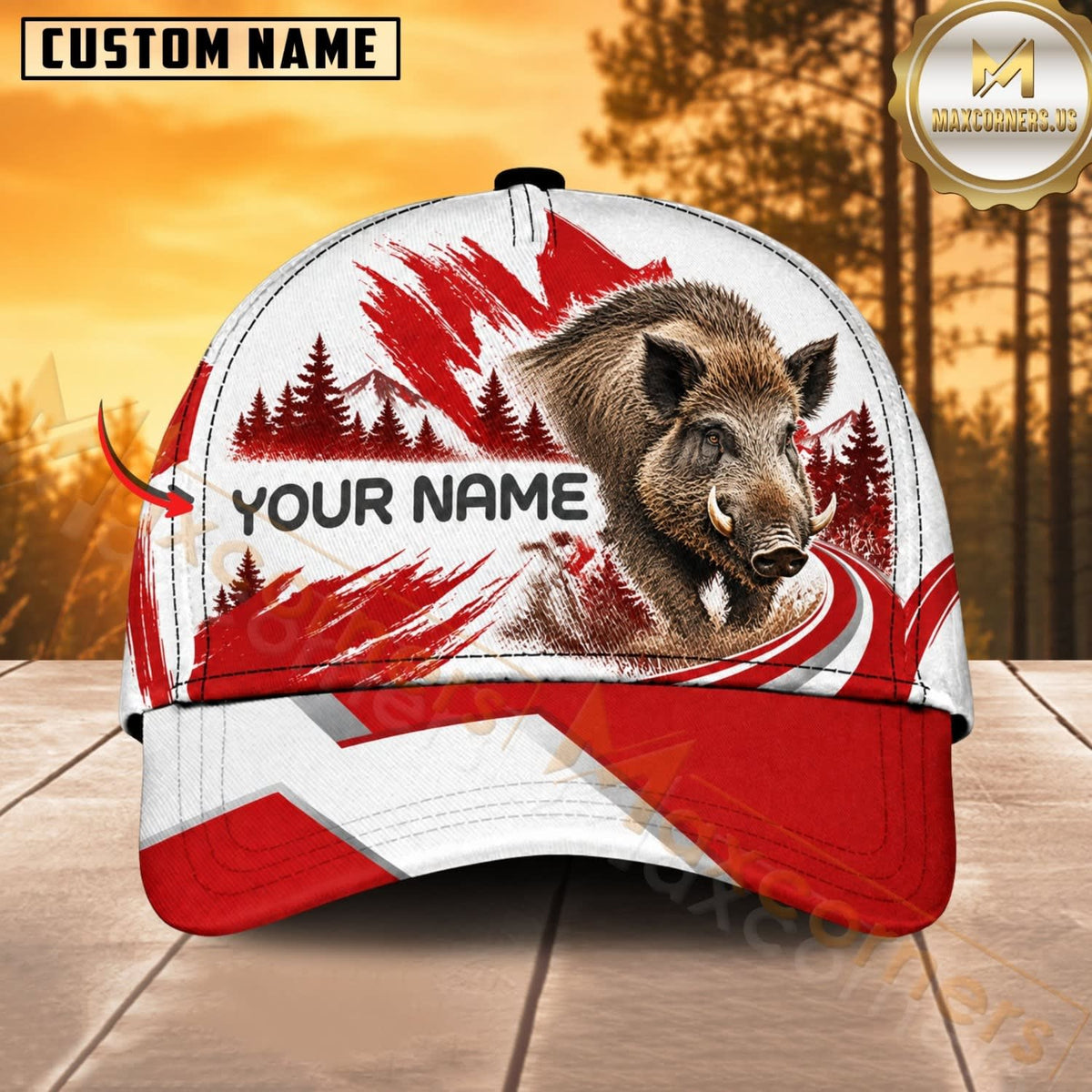 Maxcorners Hunting Wildlife Canadian Maple Leaf Red White Forest Personalized Name 3D Cap
