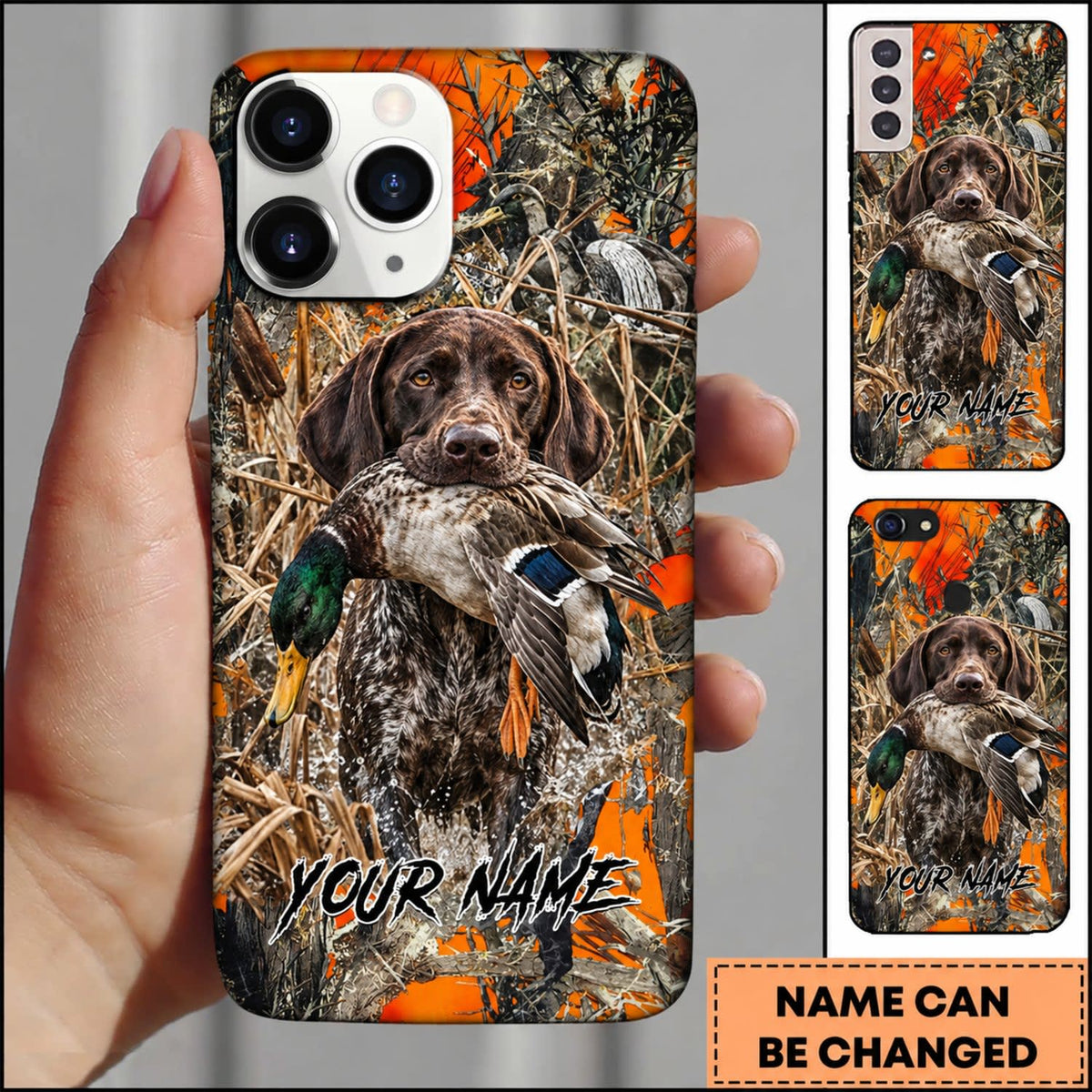 Maxcorners Duck Hunting German Shorthaired Pointer Orange Camo Duck Retrieval Personalized Name 3D Phone Case - German Shorthaired Pointer