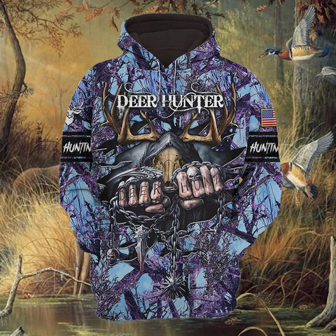 Personalized Special Deer Hunter Navy 3D Full Print Hoodie Skull Pattern Best Gift For Hunter