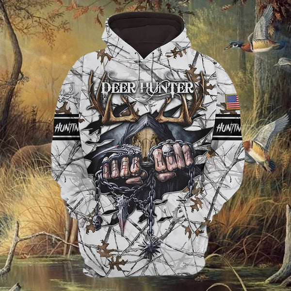 Personalized Special Deer Hunter White 3D Full Print Hoodie Skull Pattern Best Gift For Hunter