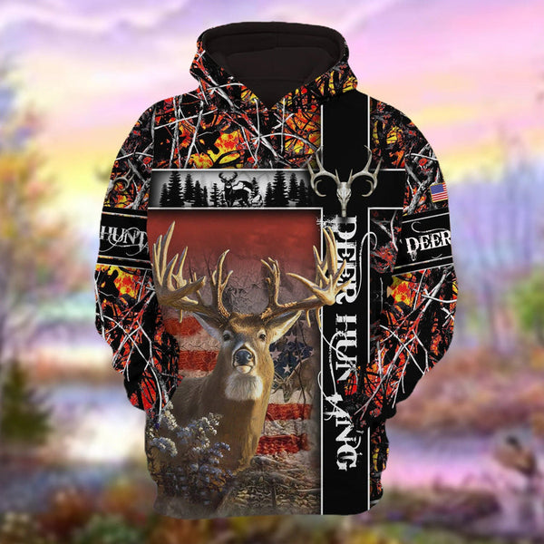 Personalized Deer Hunting Hoodie 3D Pullover Black American Forest Pattern Deer Hunting Club Uniform