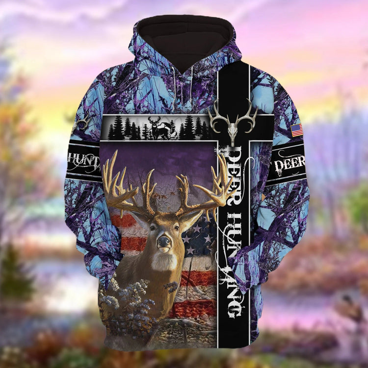 Personalized Deer Hunting Hoodie 3D Pullover Navy American Forest Pattern Deer Hunting Club Uniform