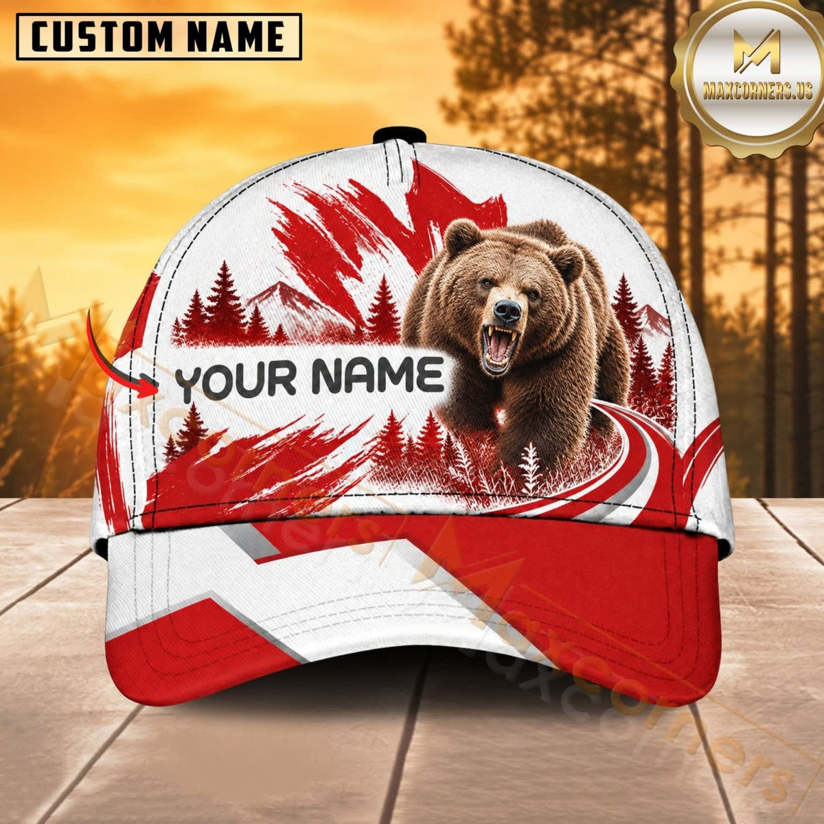 Maxcorners Hunting Wildlife Canadian Maple Leaf Red White Forest Personalized Name 3D Cap