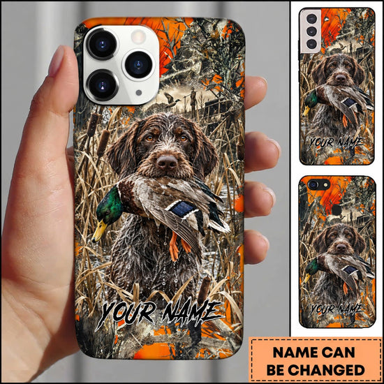 Maxcorners Duck Hunting German Shorthaired Pointer Orange Camo Duck Retrieval Personalized Name 3D Phone Case - German Wirehaired Pointer