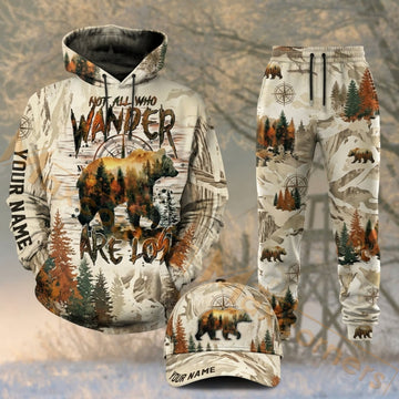 Maxcorners Hunting Not All Who Wander Deer Bear Forest Camo Personalized 3D Combo Hoodie, Sweatpants Set & Cap