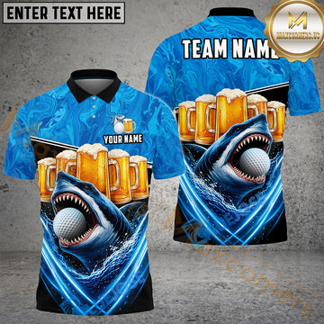 Maxcorners Shark & Beer Golf Polo Personalized Name, Team Name 3D Shirt (4 Colors)