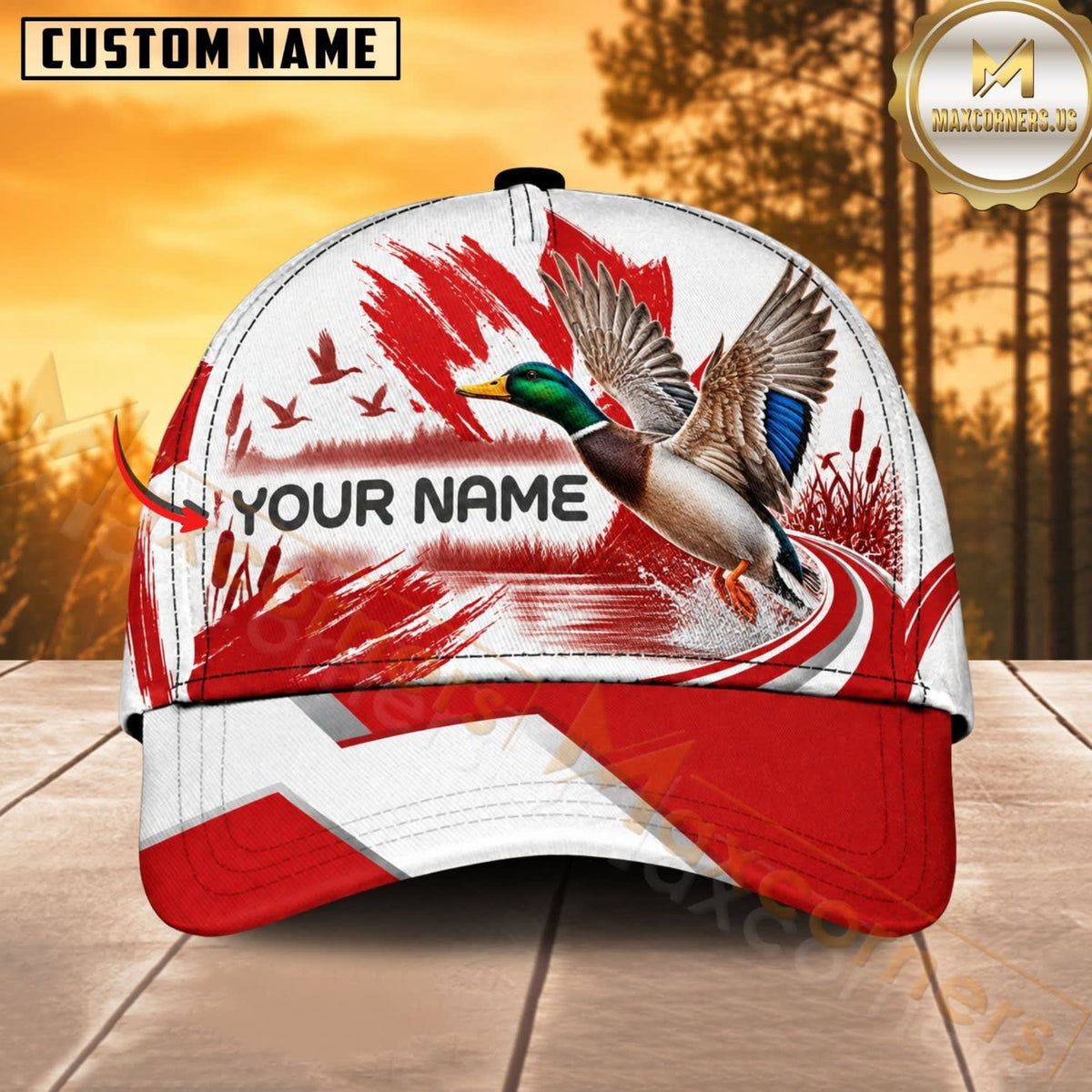 Maxcorners Hunting Wildlife Canadian Maple Leaf Red White Forest Personalized Name 3D Cap