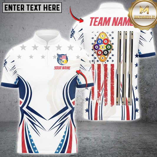 Maxcorners Patriotic American Flag 9 Ball Billiard Shirt For Men Custom Pool Team Jerseys Polo & Quarter Zip LM1809