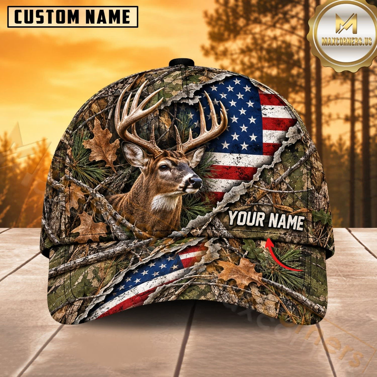 Maxcorners Hunting Wildlife Woodland Camo Torn American Flag Personalized Name 3D Cap
