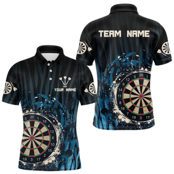 Maxcorners Men’s Custom Darts Team Shirt With Blue Splashed Art, Black Stripes And Dartboard LM1605