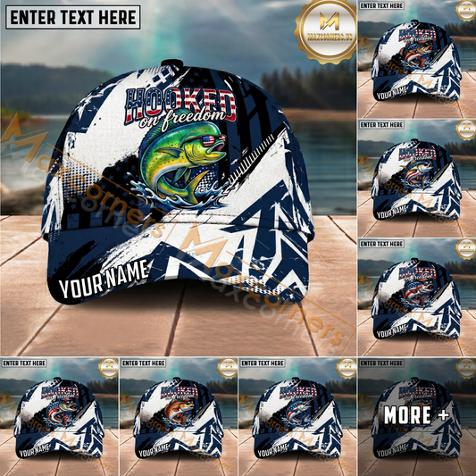 Maxcorners Fishing Patriotic Freedom Graphic Multi Options Personalized Name 3D Cap (11 Fish Species)