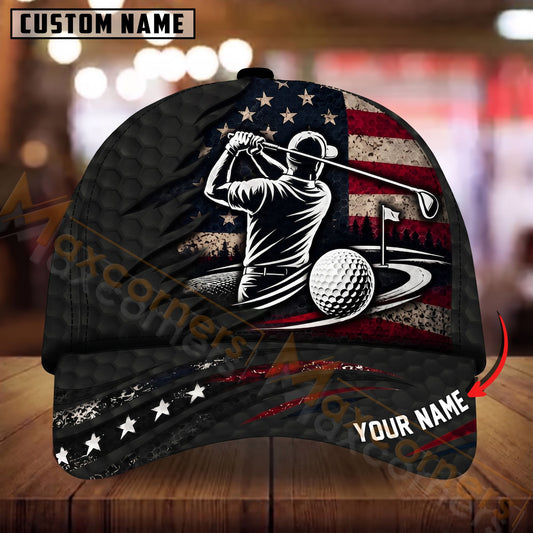 Maxcorners Golf American Flag Golfer Swing Personalized Name 3D Cap