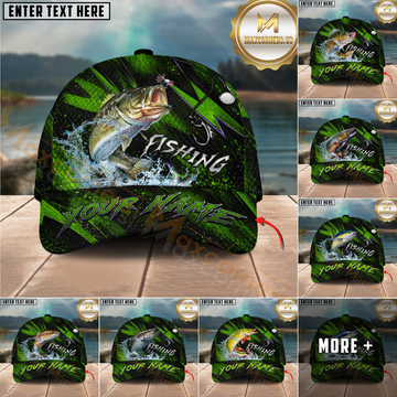 Maxcorners Fishing Neon Green Splash Personalized Name 3D Cap (12 Fish Species)