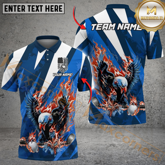 Maxcorners Flame Strike Eagle Golf Polo Personalized Name, Team Name 3D Shirt (4 Colors)