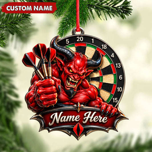 Maxcorners Darts Lover Fiery Devil Mascot, Holding Darts, Target Board Banner Personalized Name Ornament 2D Flat
