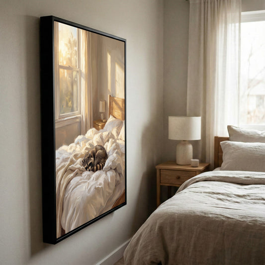 Maxcorners Peaceful Raccoon Sleeping in Sunlit Bedroom Oil Painting Canvas Wall Art