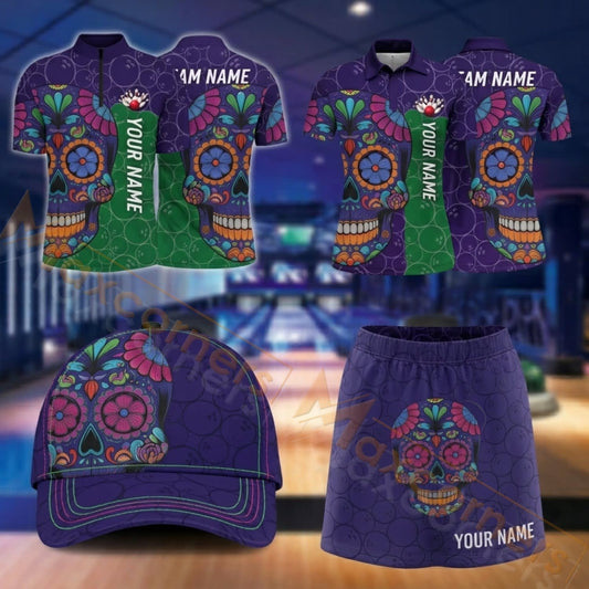 Maxcorners Bowling Colorful Sugar Skull Floral Design Personalized Team Sportswear Set - Polo Shirt, Cap & Skorts