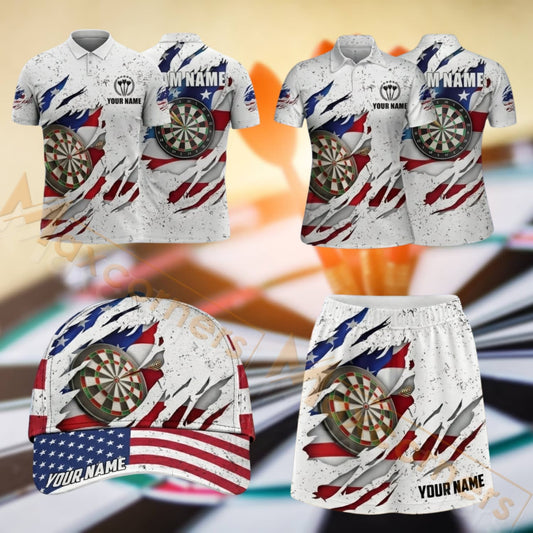 Maxcorners Darts American Eagle Flag Dartboard Design Personalized Team Sportswear Set - Polo Shirt, Cap & Skorts
